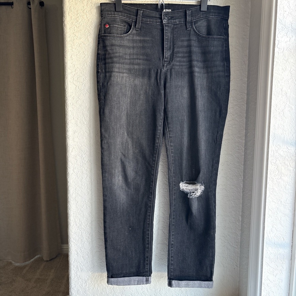 Hudson Womens 28 Black Jeans Distressed Natalie Mid‎ Rise Stretch Denim Cuffed